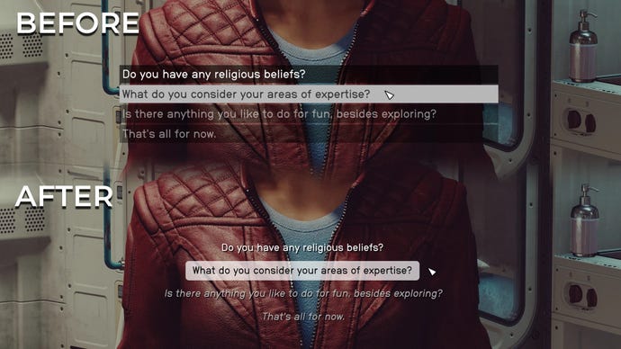 A comparison of two dialogue UI screens in Starfield. Top: vanilla. Bottom: Enhanced Dialogue Interface Mod.