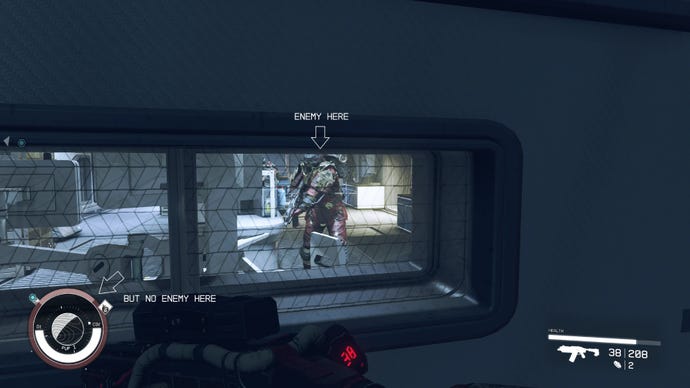 A player in Starfield stares through a glass window at an enemy. A mod means no enemy dot appears on the player's compass despite the enemy's presence.