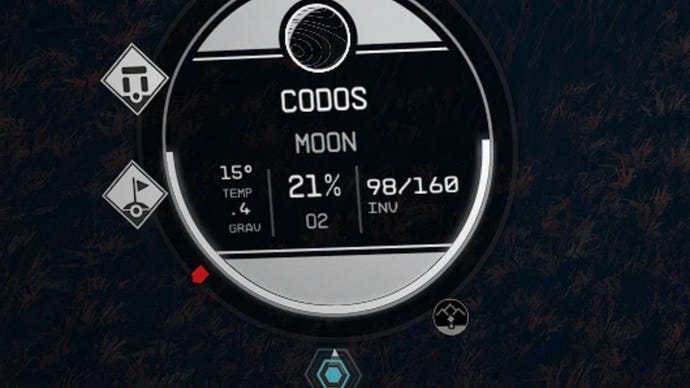 A close-up of the compass UI element in Starfield, which shows the player's current encumbrance level thanks to the Scanner Encumbrance Display mod.