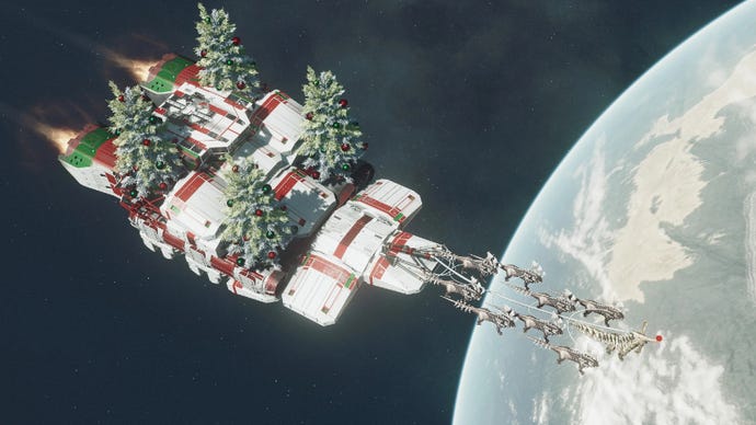 A festively-decorated ship in Starfield.