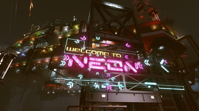 The entrance to the city of Neon in Starfield at night in the rain.