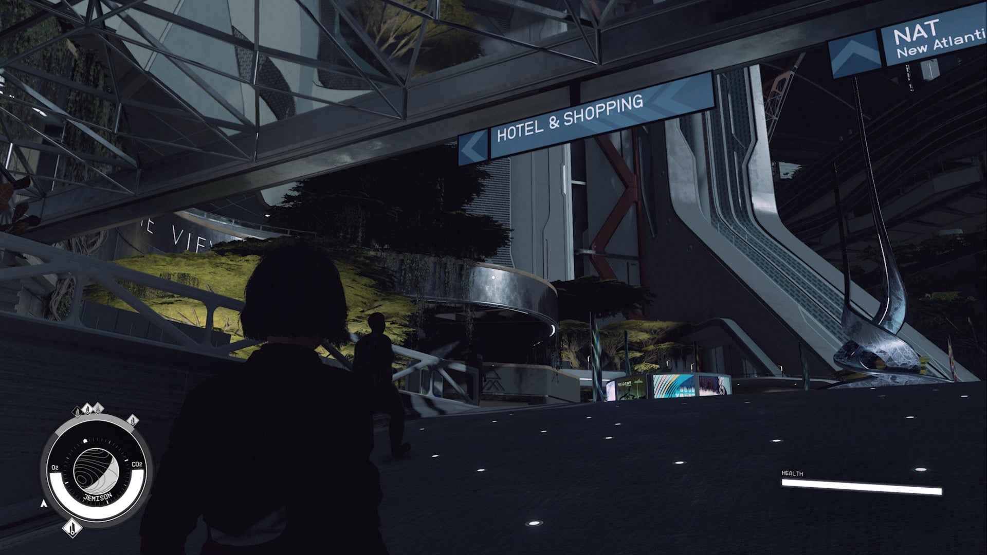 Entrada a Starfield New Atlantis, jugador mirando un hotel y un cartel comercial