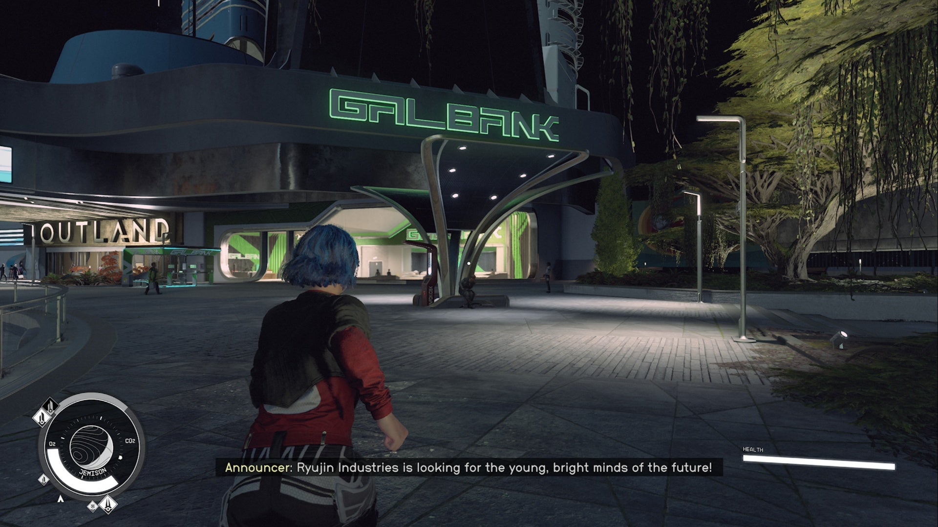 Starfield New Atlantis, el jugador corre hacia el edificio Green Galbank por la noche