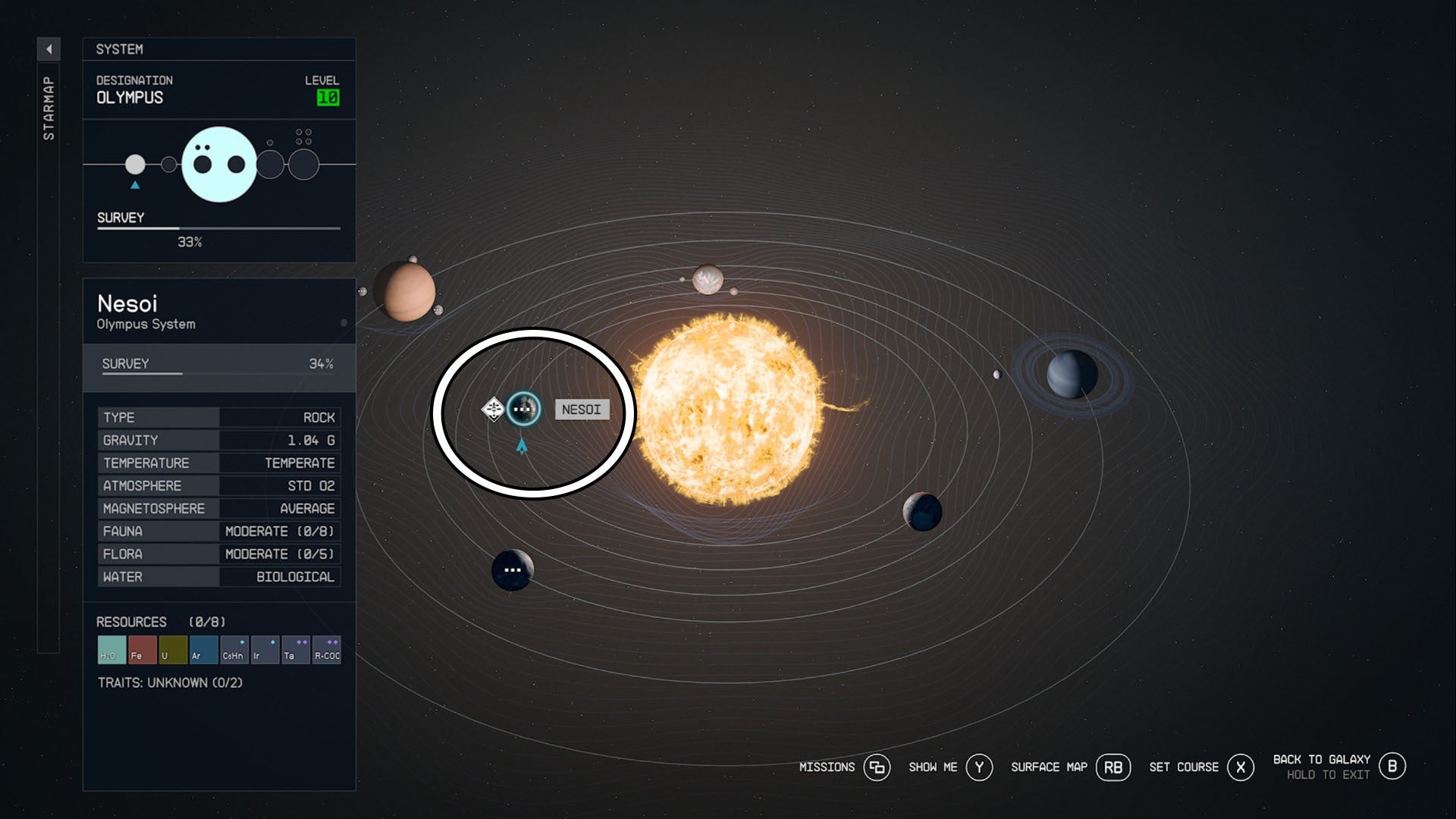 Mapa del sistema Starfield Olympus, Nesoi está rodeado por un círculo