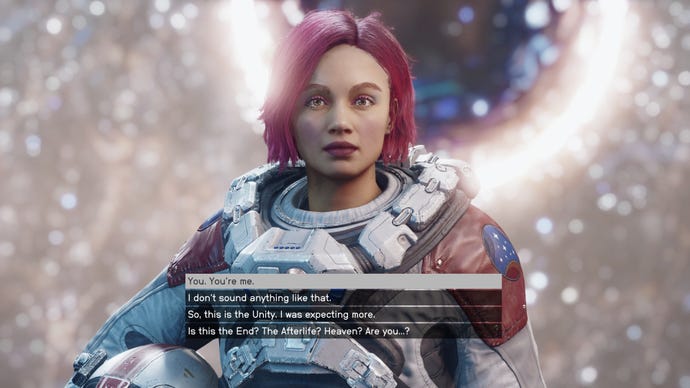 Player comes face-to-face with a version of themselves in front of the orb to enter Unity in Starfield.