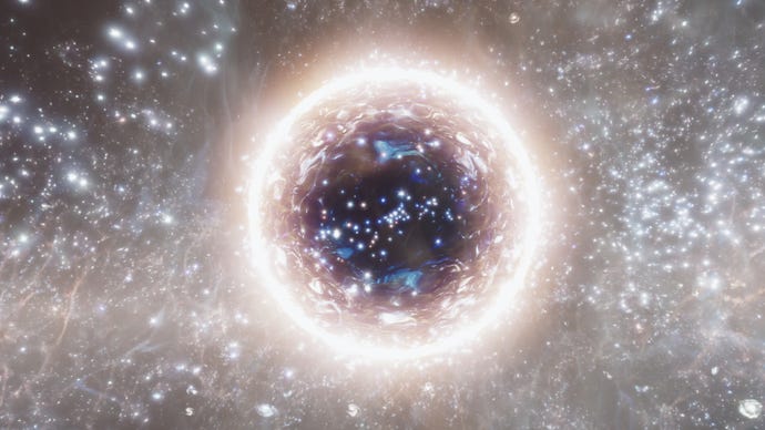 A large shining orb that is the entrance to Unity in Starfield.