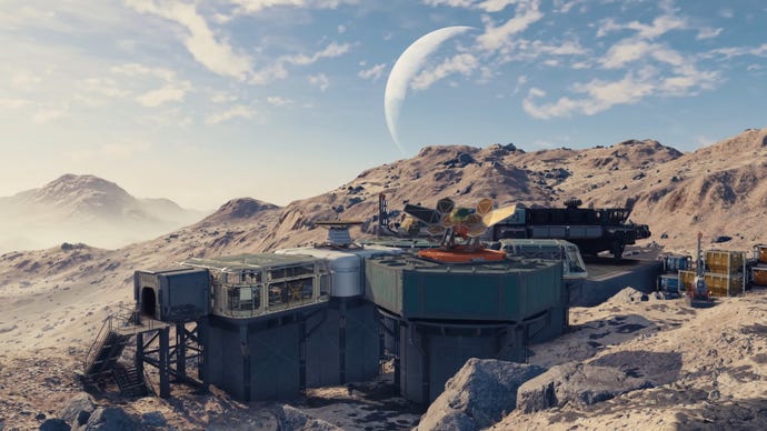 An outpost on a rocky desert planet in Starfield.