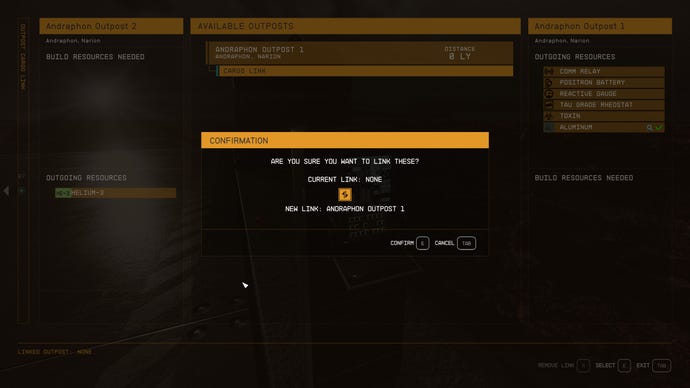 The Outpost Cargo Link screen in Starfield, prompting the player to confirm their request to link two outposts.