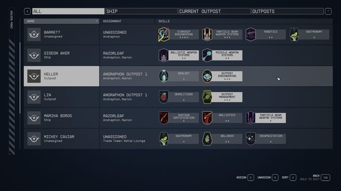 The Crew Roster screen in Starfield, with Heller selected and assigned to an Outpost.