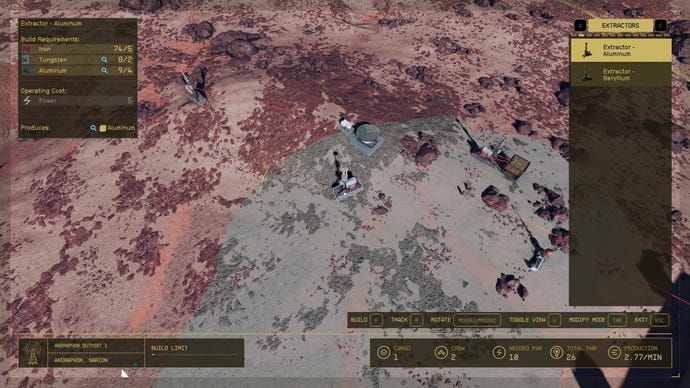 A bird's eye view of a planet landscape in Starfield as the player expands their outpost across the surface.