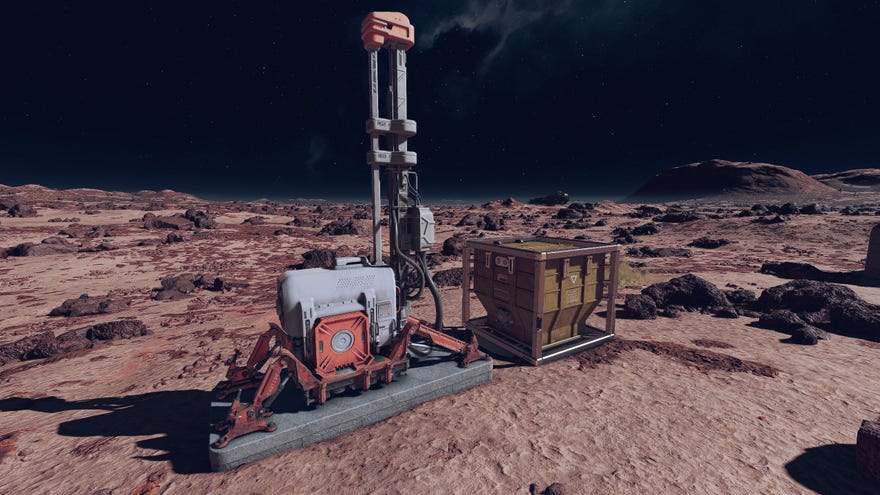 A close-up of an Outpost building on a rocky desolate planet landscape in Starfield.