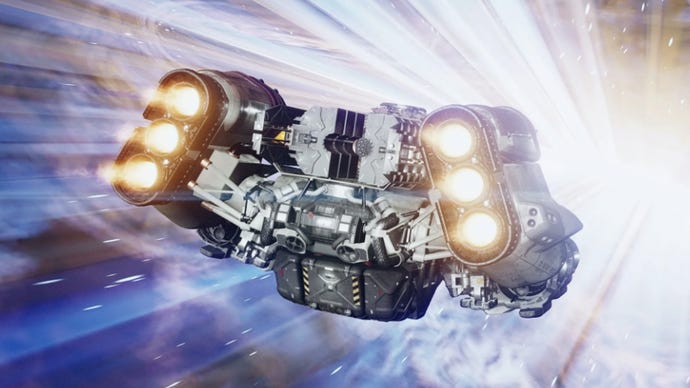 A spaceship in Starfield flying through space at lighting-fast speeds, with the engine thrusters on and fired up.