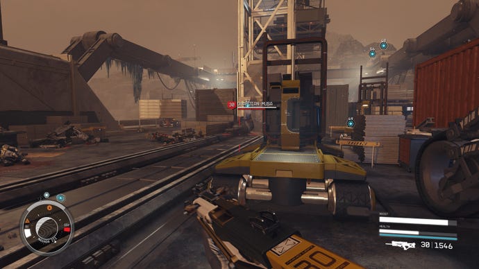Guardian Musa appears in the construction site at the Buried Temple with blue locators highlighting the duplicates in Starfield.