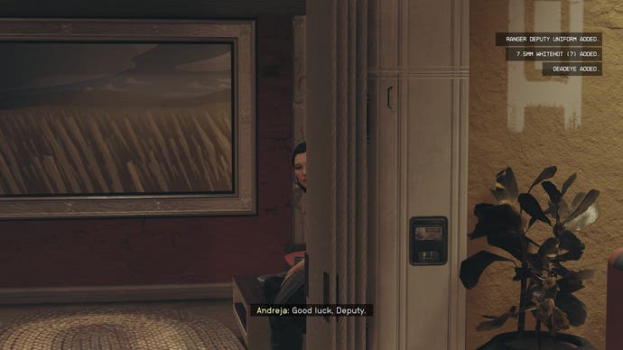 A Starfield screenshot showing Andreja piping up during a conversation, from sitting on a distant bench with her head barely poking around the corner.