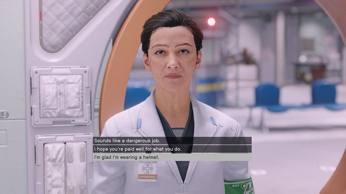 A conversation with a doctor in Starfield on a special medical space station with multiple dialogue options.