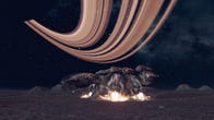 The Frontier starting spaceship lands on a planet in Starfield, under the orange rings of a gas giant