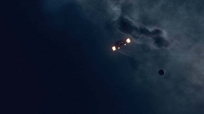 Starfield screenshot of a cutscene of your ship heading off into space at night.