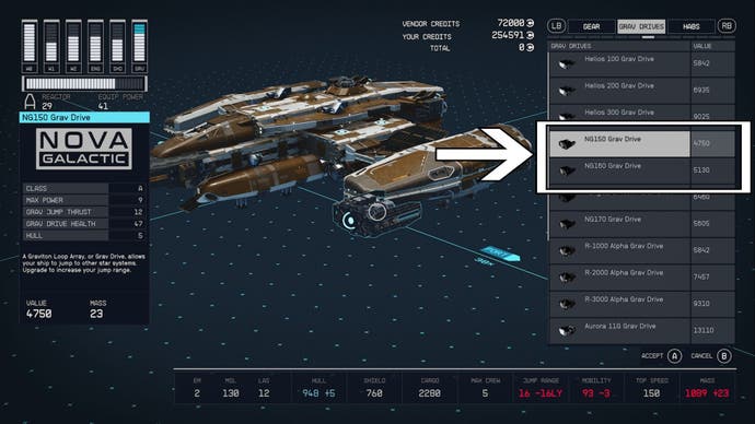 Pièces de navire nova galactic du constructeur de navires starfield dans le menu d'inventaire