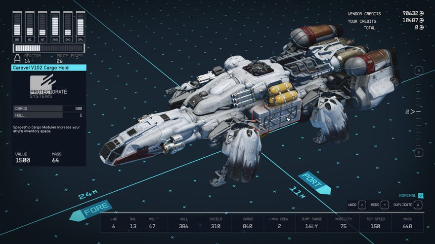 A customised version of the Frontier ship in Starfield, as shown in the Ship Builder.