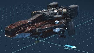 Starfield ship building explained: A red sapceship with rough metal and black fittings is floating on a grid