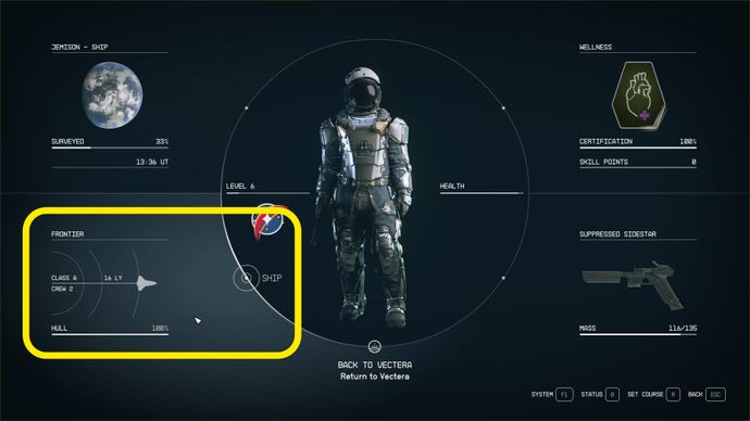 The character menu in Starfield, with a yellow box highlighting the "Ship" section of the menu.