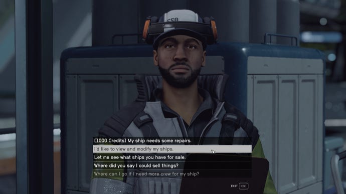 The player speaks to a Ship Technician on New Atlantis in Starfield.