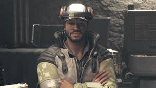 Starfield ship upgrades: A man wearing a white hat with a grungy beige coat is sitting in a chair with his arms folded.