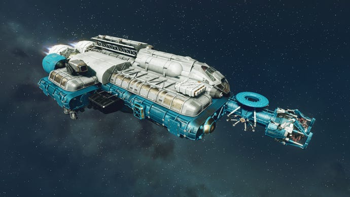 The Silent Runner ship in Starfield, in outer space.