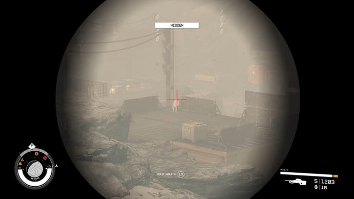 The player in Starfield scopes in with a Sniper Rifle and aims at an enemy's head.