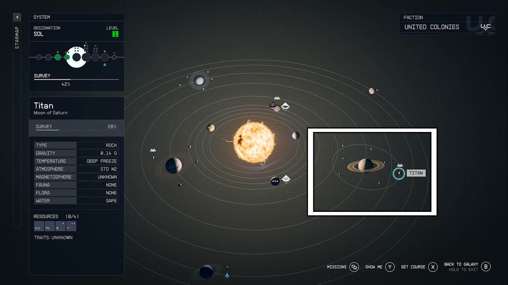 mapa del sistema estelar starfield sol saturno y luna titán resaltados