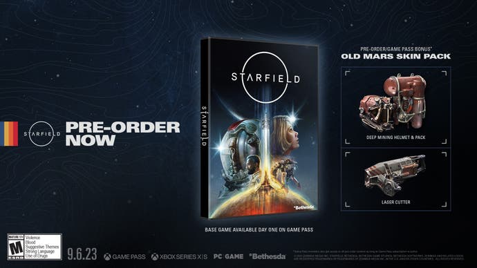 Showing the cover artwork and in-game items for the standard edition of starfield.