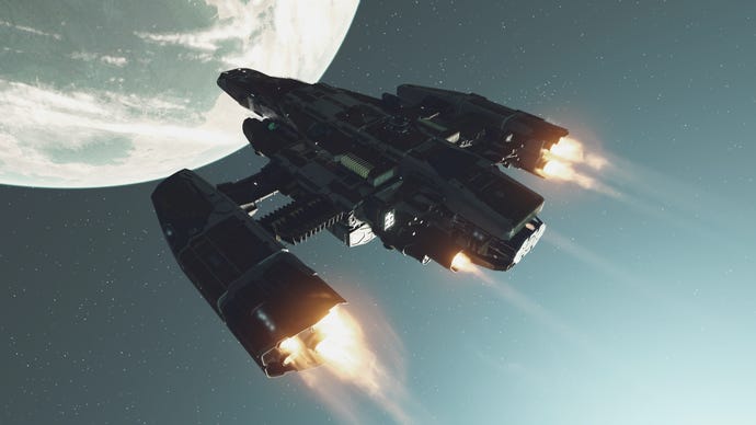 The Star Eagle ship in Starfield, in orbit around a planet.