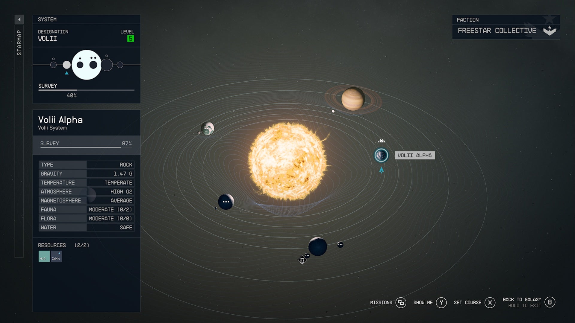 Mapa estelar de Starfield que muestra el planeta Volii alfa.