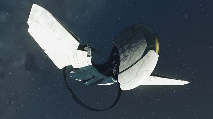 The Starborn Guardian ship in Starfield, in outer space.