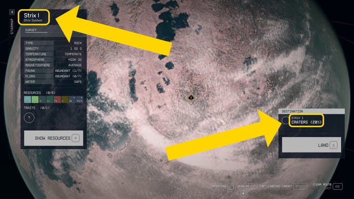 La surface de la planète Strix I dans Starfield, avec des flèches pointant vers les éléments de l'interface utilisateur qui indiquaient le nom de la planète et le