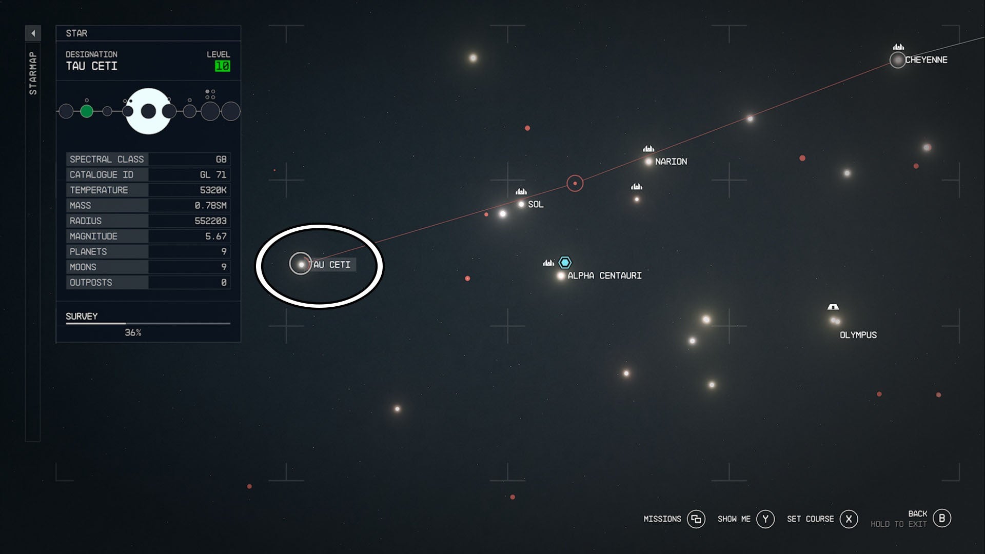 Ubicación del sistema Starfield Tau Ceti marcada con un círculo en el mapa estelar