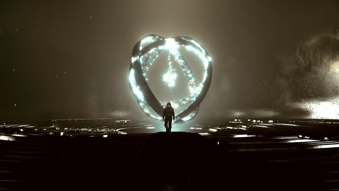 Standing in an alien temple in a Starfield screenshot.