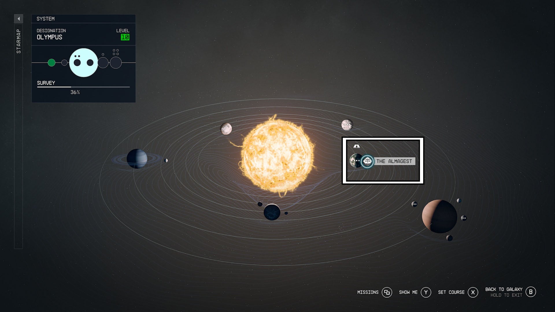 Starfield, la ubicación de la estación estelar Almagest en el mapa del sistema.