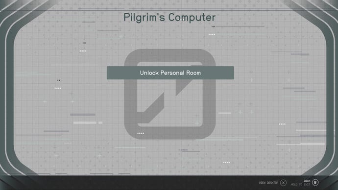The access screen when the player interacts with the Pilgrim's Computer prompts the player to select Unlock Personal Room in Starfield.