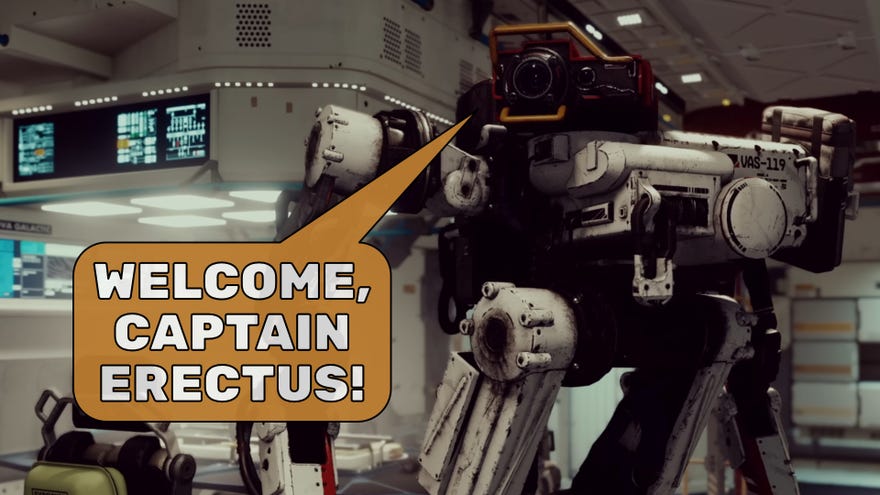 VASCO the robot in Starfield stands inside the player's ship. A speech bubble next to him says "WELCOME, CAPTAIN ERECTUS!".