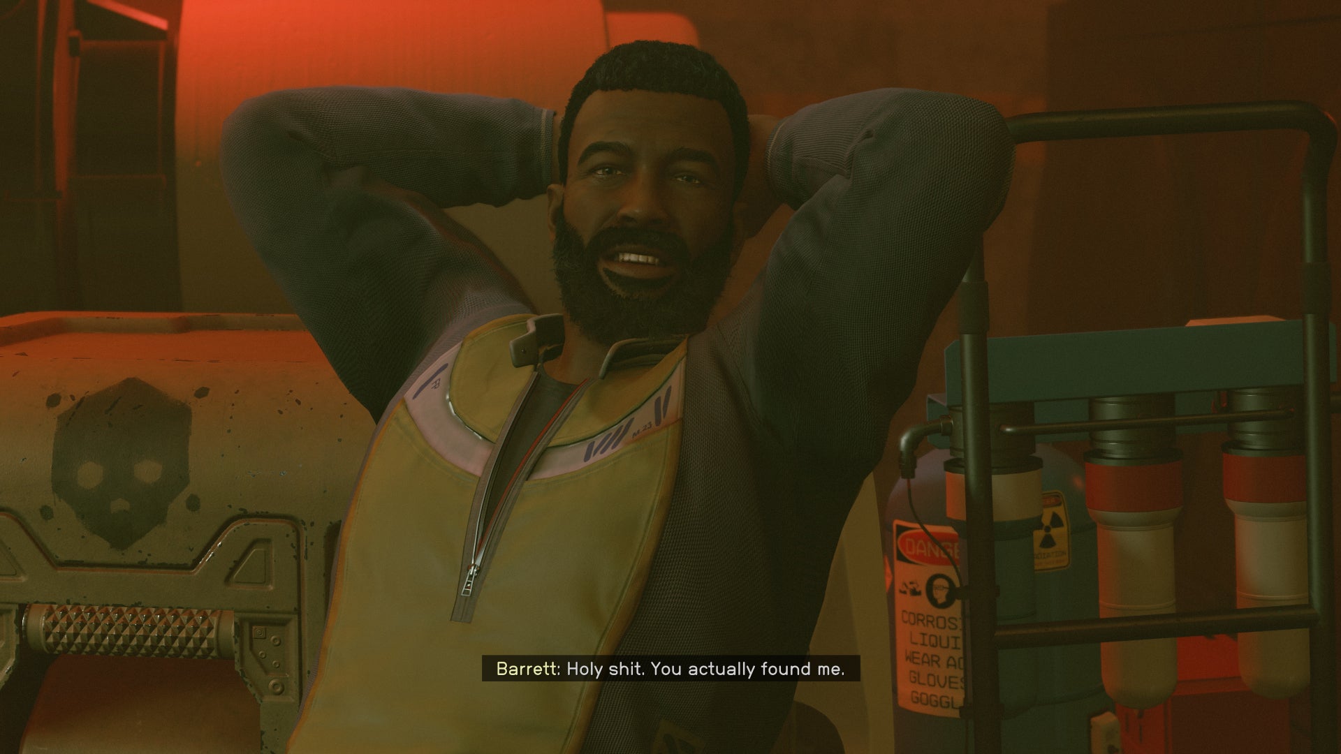 Constellation's Barrett sits at the Crimson Fleet Outpost in Starfield.