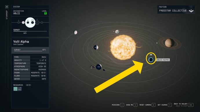 The Volii System map in Starfield, with the location of Volii Alpha highlighted.