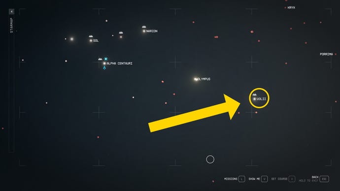 The Starmap in Starfield, with the location of the Volii System highlighted.