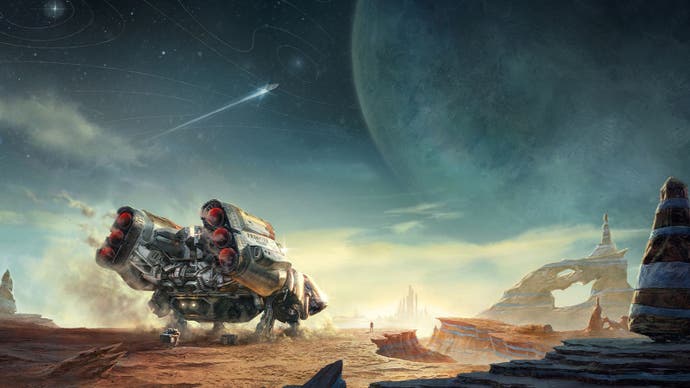 A spaceship on a planet against a backdrop of outerspace in a piece of Starfield concept art.