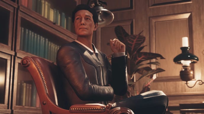 Walter sits in a chair and looks up to the side in Starfield.