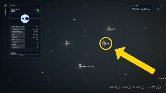 The Starmap in Starfield, with the location of the Wolf System highlighted.