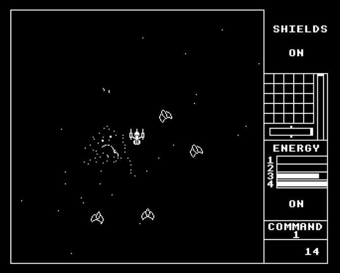 Una pantalla de Starship Command, un juego tipo Asteroids