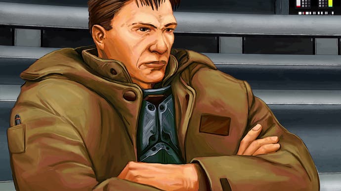 Illustrative close-up of a male character wearing a brown coat with arms crossed and looking very dissatisfied.