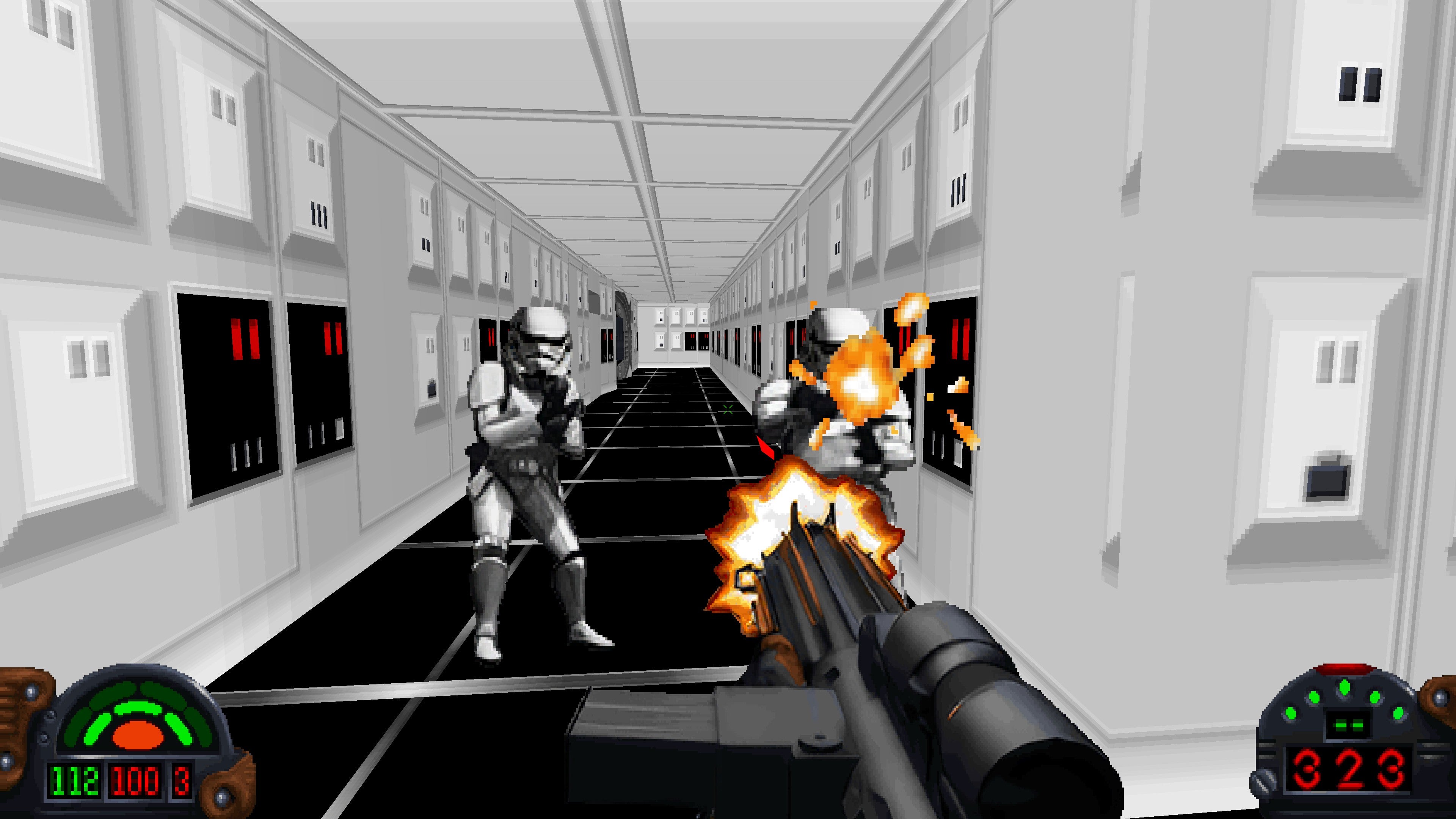 Koridor klasik berdinding putih di pesawat luar angkasa penghancur bintang Star Wars, dengan karakter pemain kami menebas beberapa stormtroopers dalam perjalanannya.