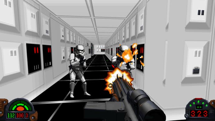 A classic white-walled hallway in a Star Wars Star Destroyer spaceship, with our player character killing several stormtroopers along the way.